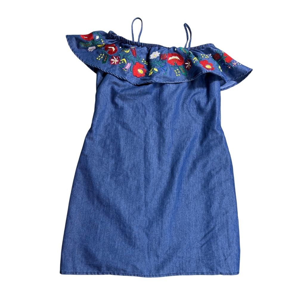 Cisono Embroidered Chambray Off Shoulder Dress Medium Floral Ruffle Boho